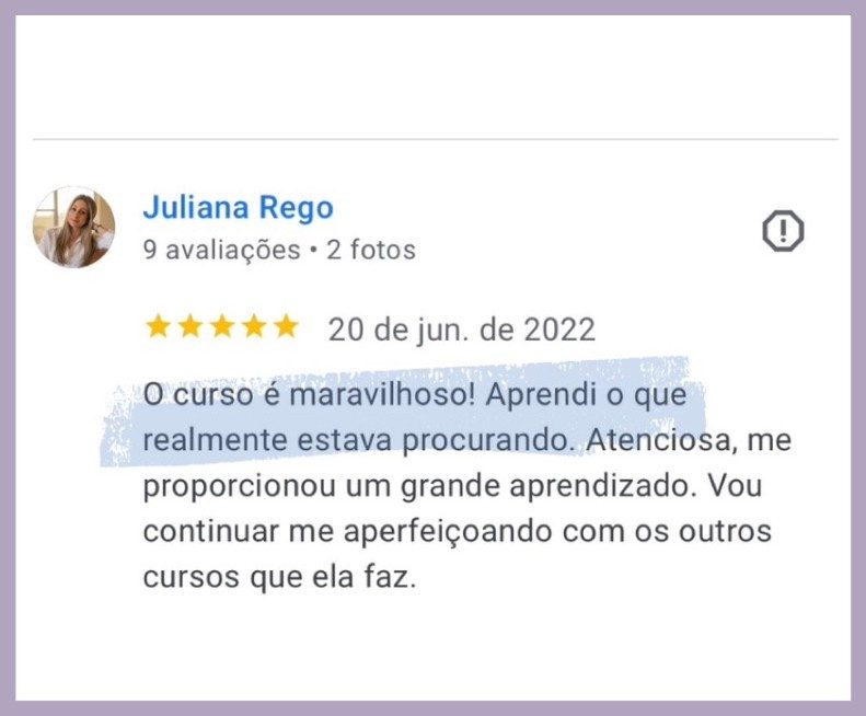 Avaliação cinco estrelas de aluna do curso