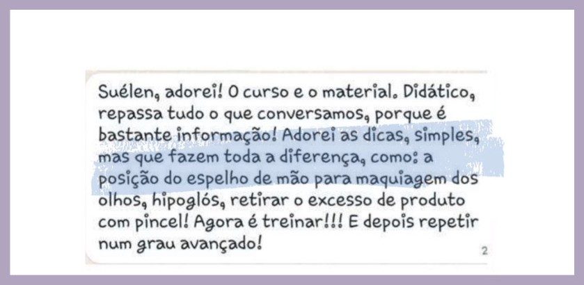 Mensagem de aluna sobre as dicas do curso