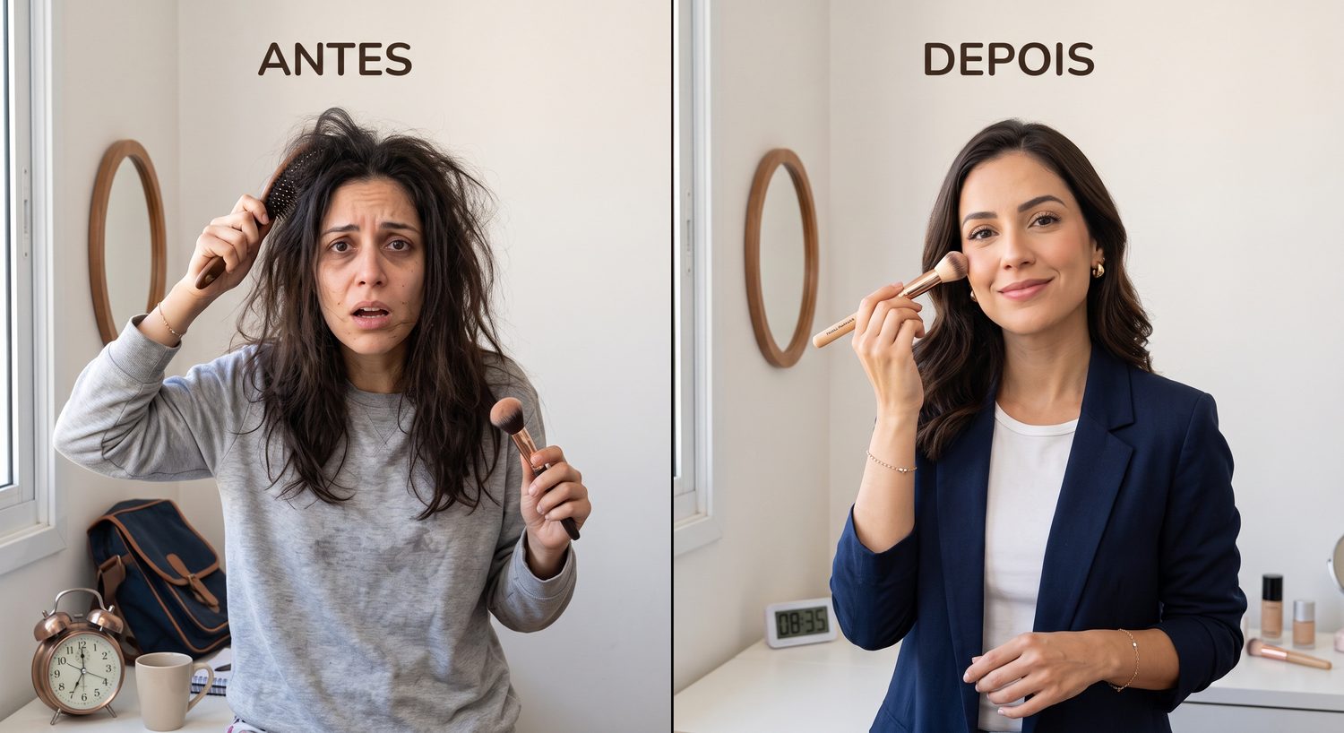 Antes e depois: a mesma manhã corrida, com e sem uma maquiagem leve pronta em 7 minutos